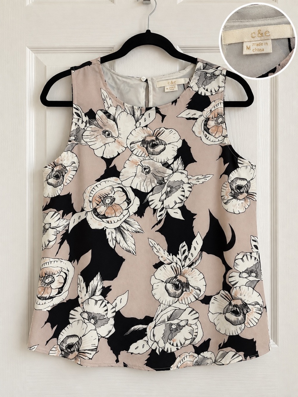 C&E Women’s Floral Sleeveless Blouse Black Beige White Size M